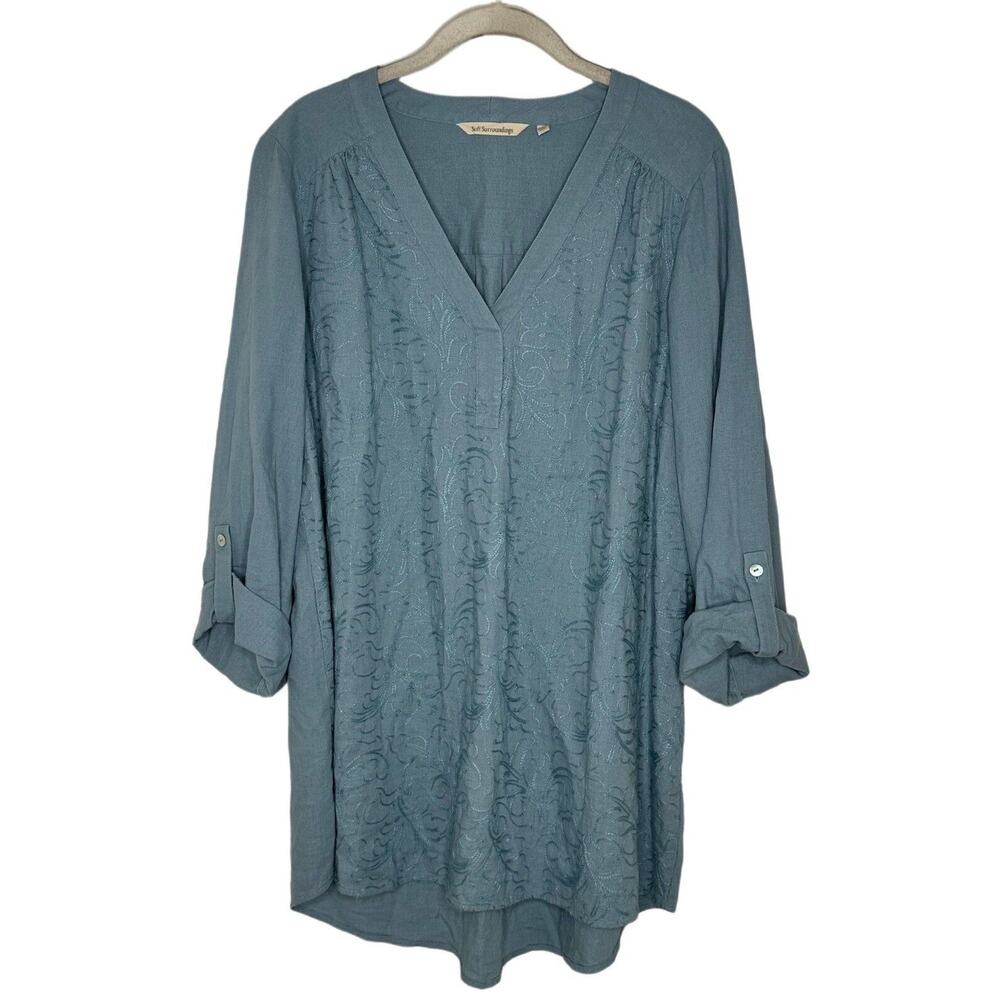 Soft Surroundings Women’s Embroidered Linen Tunic 3/4 Sleeve Top Blue Large